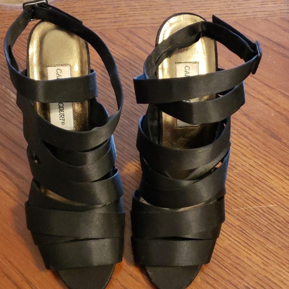 Black satin strappy Heels Sz 7 1/2
